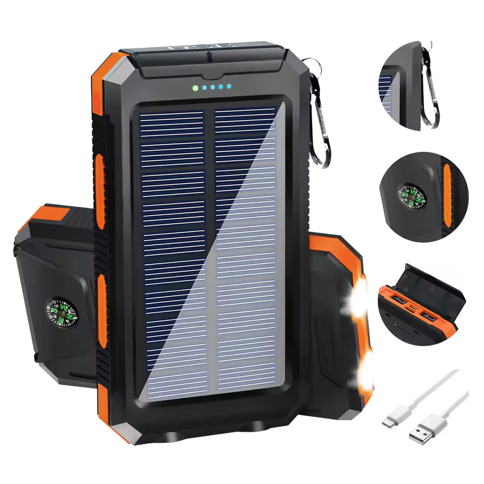 10000mAh Solar Power Bank with Dual USB, Type C, Flashlight & Compass