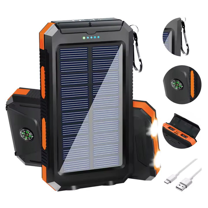 10000mAh Solar Power Bank with Dual USB, Type C, Flashlight & Compass